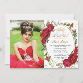 Convite Boho Red Peonies Borboletas Florais Quinceañera