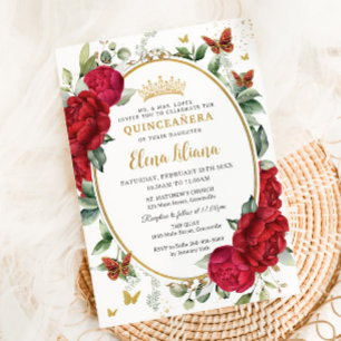 Convite Boho Red Peonies Borboletas Florais Quinceañera