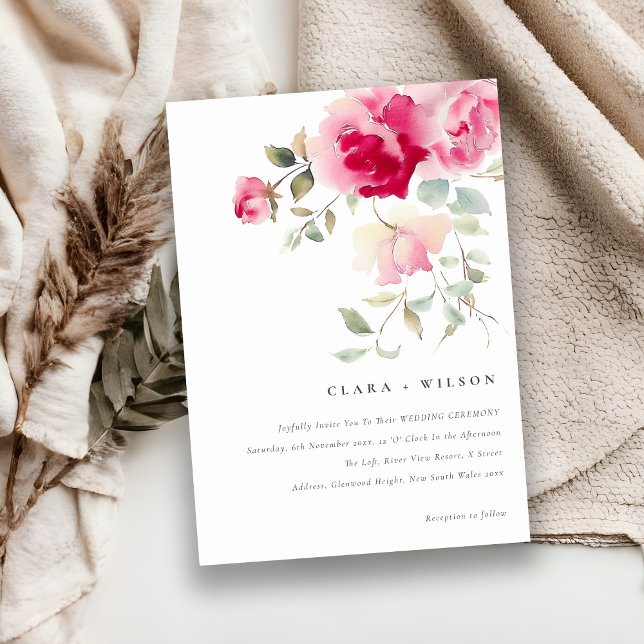 Convite Boho Red Pink Rose Flowers Watercolor Casamento (Criador carregado)