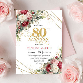Convite Boho Red White Greenery 80th Birthday Invite