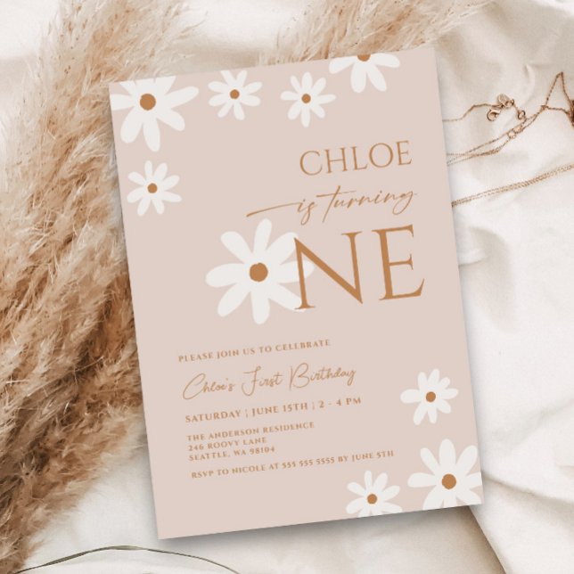 Convite Boho Retro Daisy Girl Primeiro Aniversário (Criador carregado)
