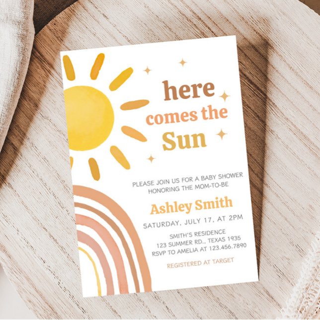 Convite Boho Retro Sunshine Chá de fraldas (Here Comes The Sun Baby Shower Invitation)