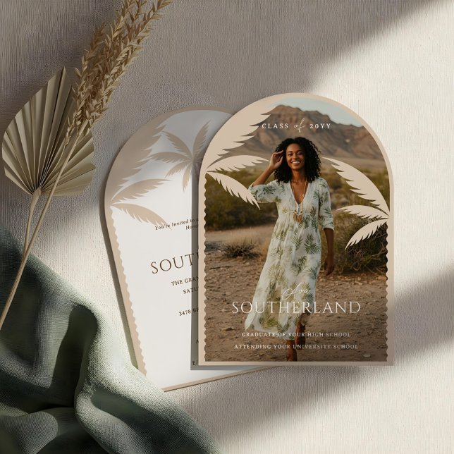 Convite Boho Retro Tropical Palm Tree Foto (Boho Retro Tropical Palm Tree Graduation Photo Invitation)