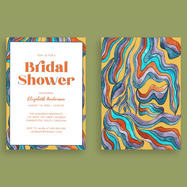 Convite Boho Retro Yellow Typografia Wavy Chá de panela (Front and Back)