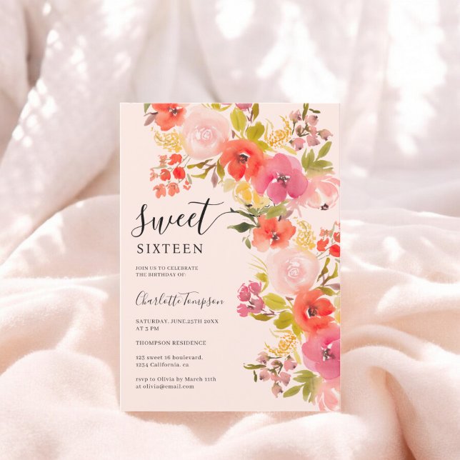 Convite Boho romântico bonito guião floral rosa 16 (Boho romantic pretty floral script pink sweet 16 invitation)