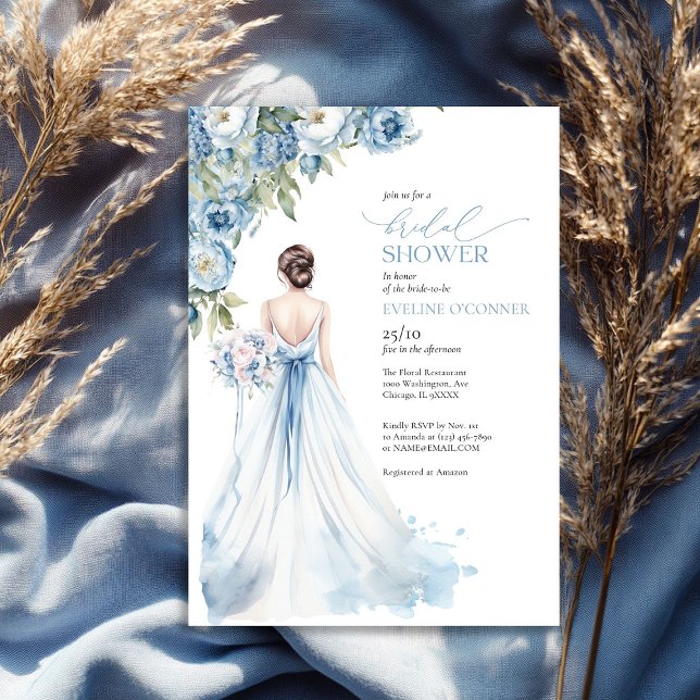 Convite Boho Romântico Peonies poeirento chá de panela azu (Boho Romantic Peonies dusty blue bridal shower Invitation)