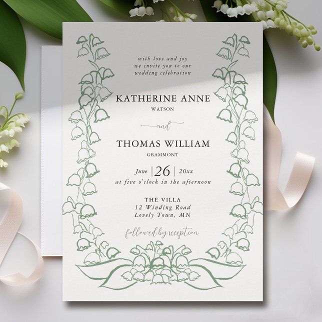 Convite Boho Romântico Sketch Green Lily Valley Casado (lily of the valley wedding invitation formal non traditional elegant green floral sketch fine art)