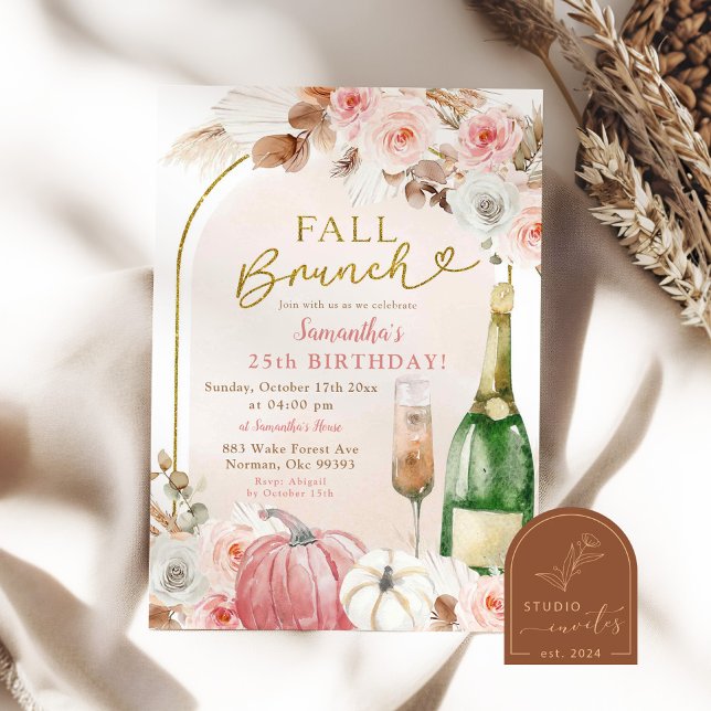 Convite Boho Rosa Abóbora Outono Brunch Aniversário Vinho (Criador carregado)