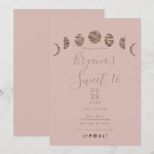 Convite Boho Rosa Brilho Fases da Lua Moderno Doce Festa d