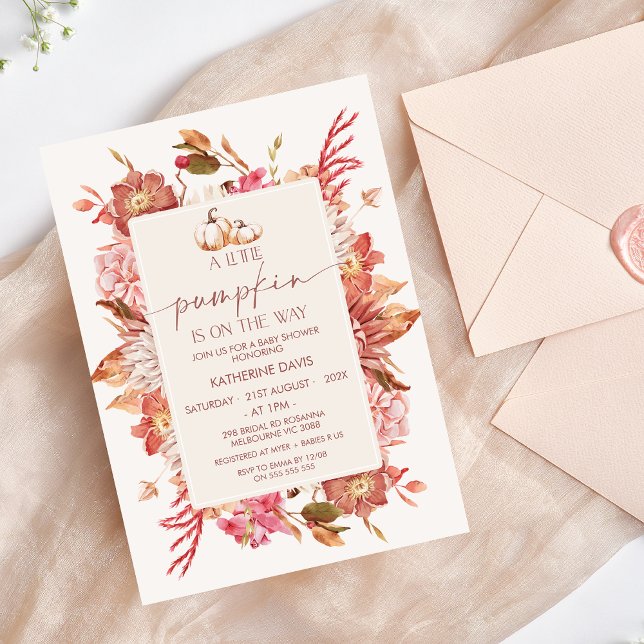 Convite Boho Rosa Castanho Queda Pequeno Chá de fraldas De (Girls Little Pumpkin Baby Shower Invitation Template, Floral Fall Pumpkin Baby Shower Invite Girl)