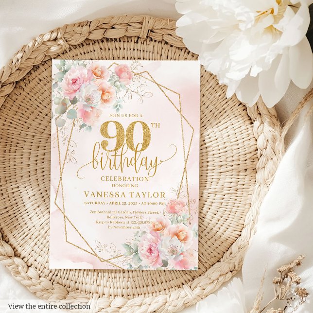 Convite Boho Rosa claro Floral Dourada Invites de Aniversá (Boho Light Pink Gold Floral 90th Birthday Invitation)