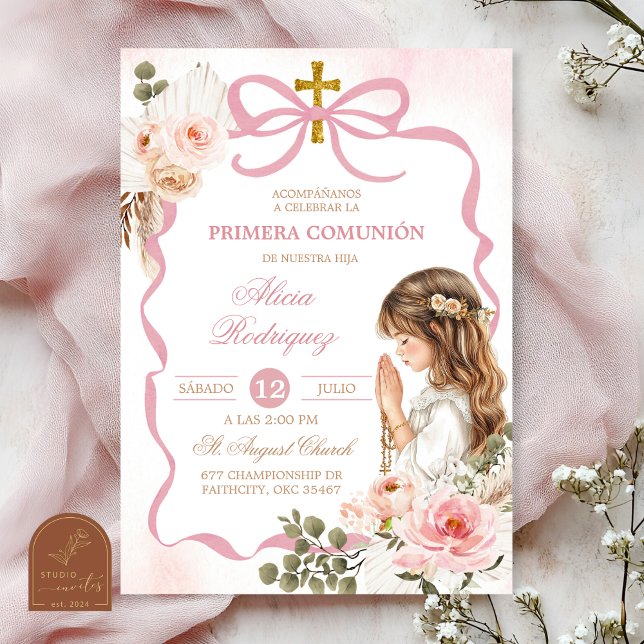 Convite Boho Rosa Coquette Grama Pampas Primeira Comunhão (Criador carregado)