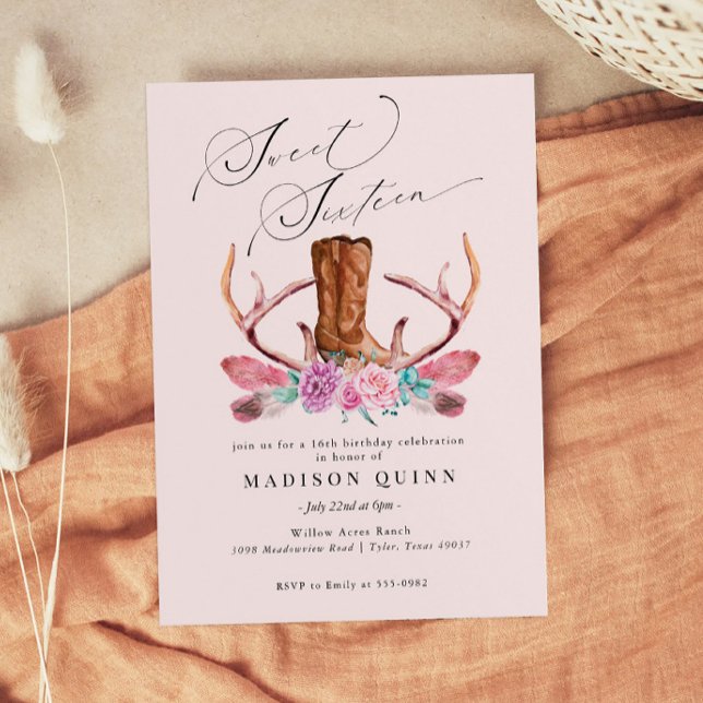 Convite Boho Rosa, Cowgirl Doce Dezesseis Aniversário (Criador carregado)