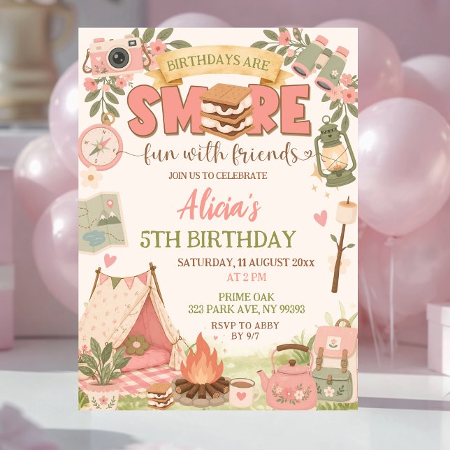 Convite Boho Rosa Diversão Smore Com Amigos Aniversário (Criador carregado)