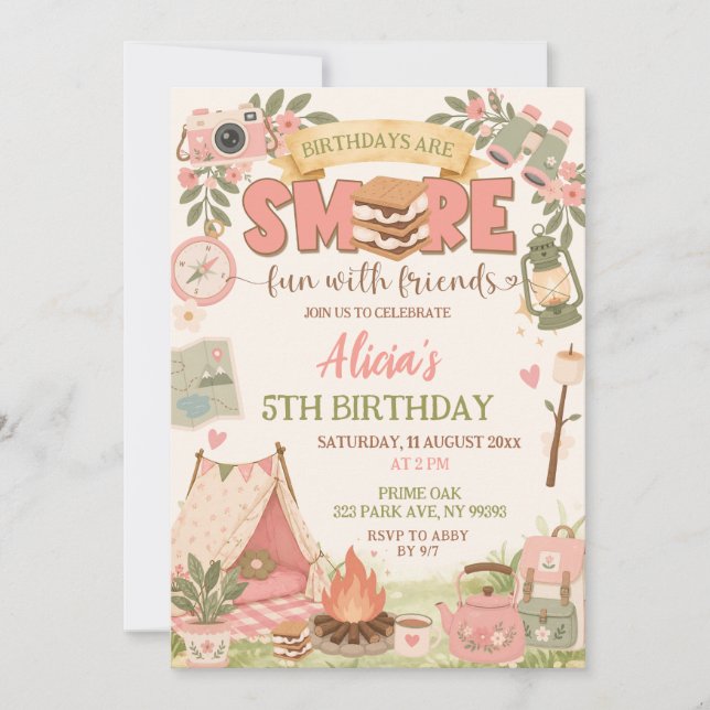 Convite Boho Rosa Diversão Smore Com Amigos Aniversário (Frente)