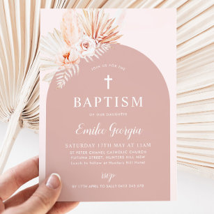 Convite Boho Rosa Floral Meninas Batismo e Batizado