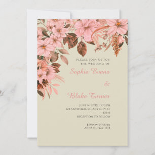 Convite Boho Rosa Floral Outono Bambu Casamento