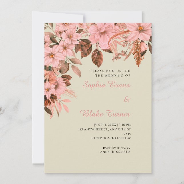 Convite Boho Rosa Floral Outono Bambu Casamento (Frente)