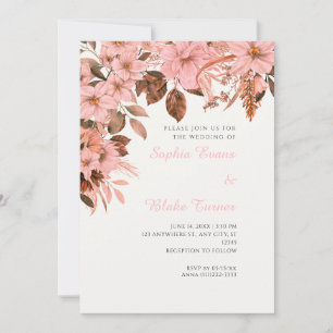 Convite Boho Rosa Floral Outono Branco Casamento