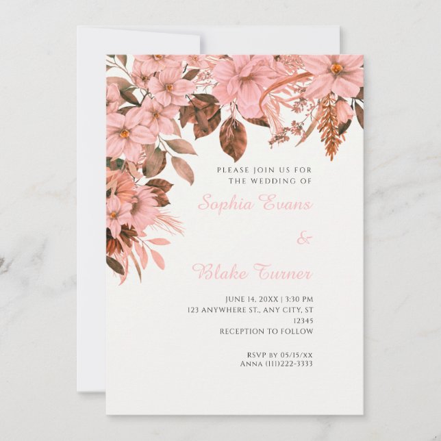 Convite Boho Rosa Floral Outono Branco Casamento (Frente)