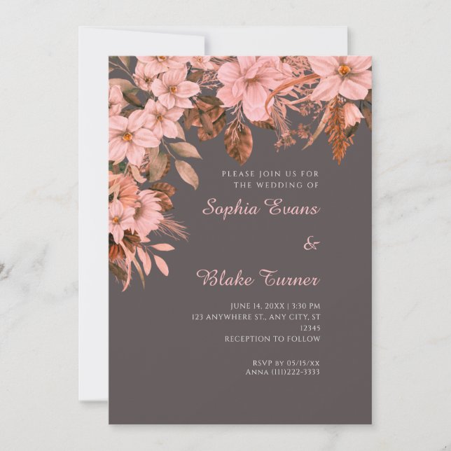 Convite Boho Rosa Floral Outono Cinza Cinza Casamento (Frente)