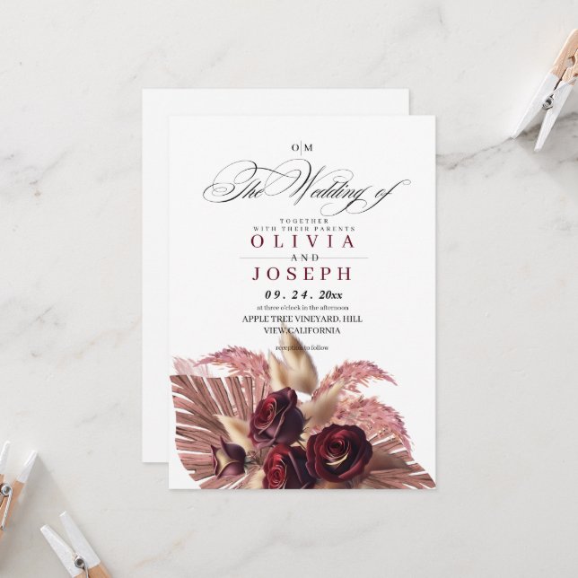Convite Boho Rosa Floral Rustic Wedding (Frente/Verso In Situ)