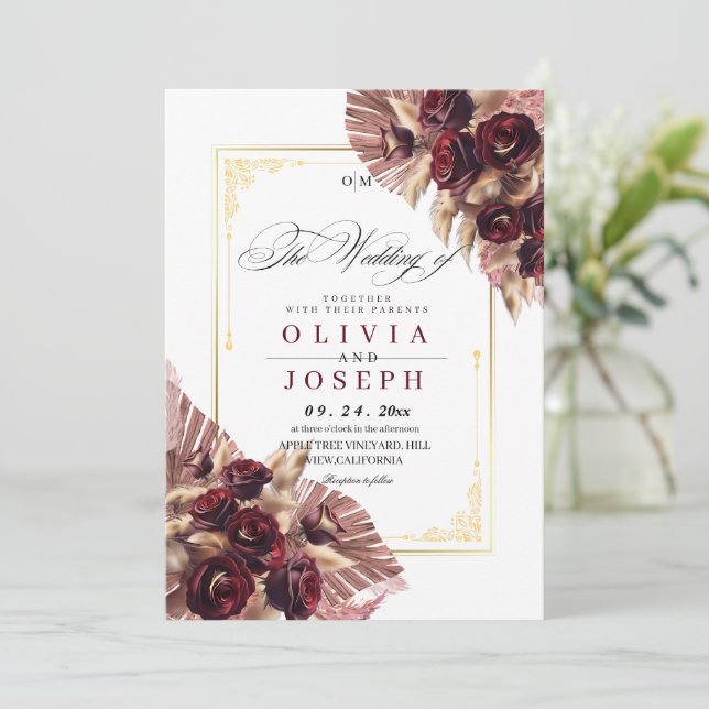 Convite Boho Rosa Floral Rustic Wedding (Em pé/Frente)