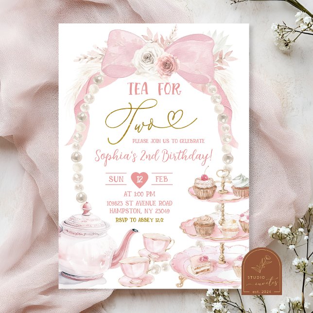 Convite Boho Rosa Laço Pérola Chá Para Dois Aniversário (Criador carregado)
