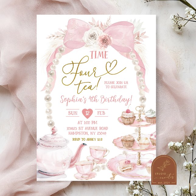 Convite Boho Rosa Laço Tempo Quatro Chá Aniversário (Criador carregado)
