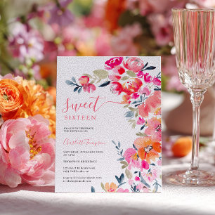 Convite Boho Rosa Laranja Aquarela Floral Doce 16