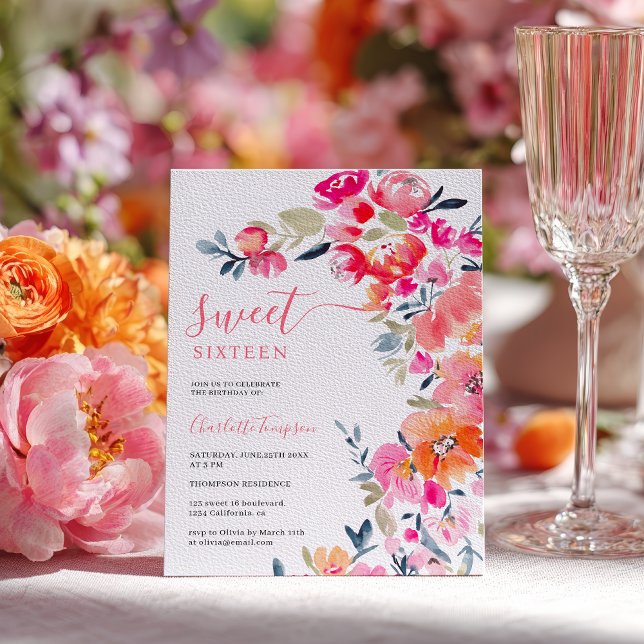 Convite Boho Rosa Laranja Aquarela Floral Doce 16 (Boho Pink Orange Watercolor Floral Sweet 16 Invitation)