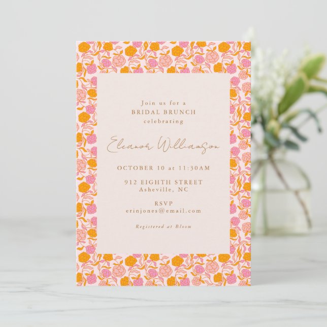 Convite Boho Rosa Laranja Floral Café da Manhã Chá de Noiv (Em pé/Frente)