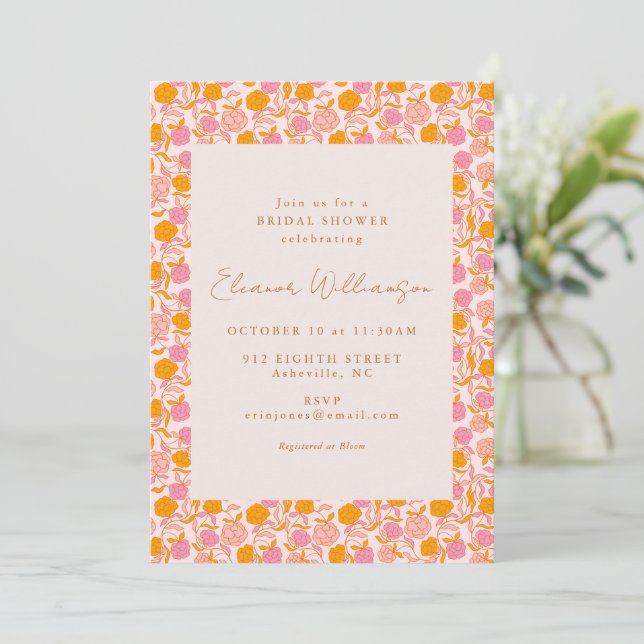 Convite Boho Rosa Laranja Floral Nomes das Anfitriãs Chá d (Em pé/Frente)