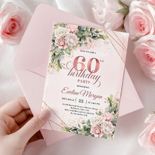 Convite Boho Rosa Poeira Dourado Rosa Água 60º Aniversário