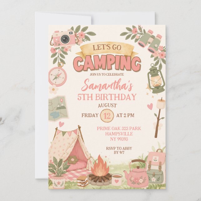 Convite Boho Rosa Vamos Aniversário Acampamento (Frente)