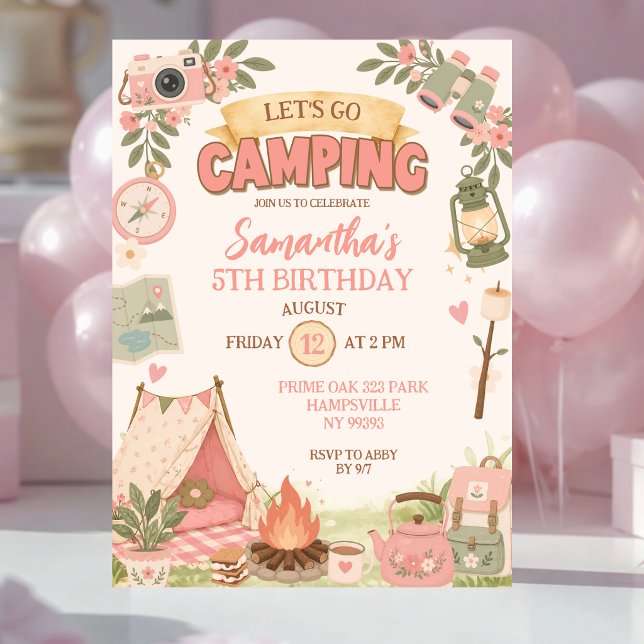 Convite Boho Rosa Vamos Aniversário Acampamento (Criador carregado)