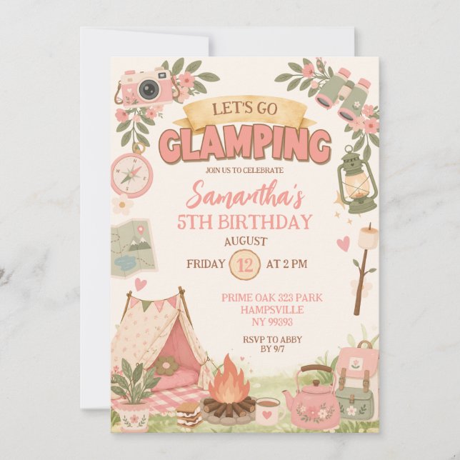 Convite Boho Rosa Vamos Aniversário de Glamping (Frente)