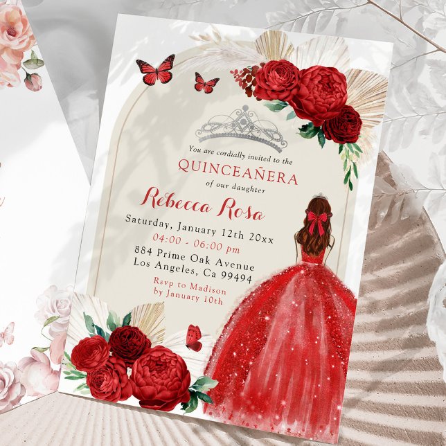 Convite Boho Rosa vermelha Princess Royal Quinceañera (Criador carregado)