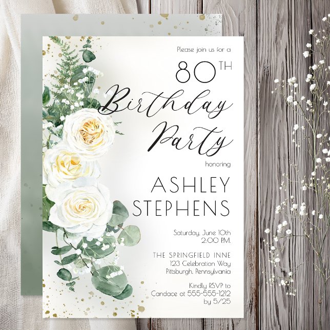 Convite Boho Rosas Brancas Eucalipto Aniversário de 80 ano (80th Birthday Party Elegant White Rose Eucalyptus Floral --Print | Digital Download)