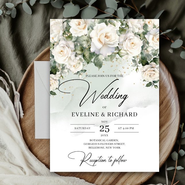 Convite Boho rosas brancas eucalipto verde e ouro (Unique Elegant White Roses Floral Garden greenery wedding invitation digital)