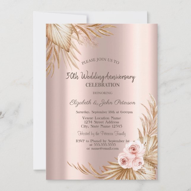 Convite Boho Rosas Pampas Dourado Rosa Casamento Aniversár (Frente)