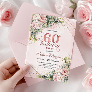 Convite Boho Rose Gold Aquarela Floral 60º Aniversário