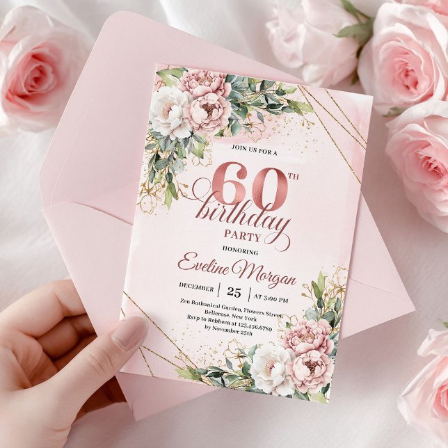 Convite Boho Rose Gold Brilho Rosa Corado 60º Aniversário (Rose Gold Shimmering Blush Pink 60th Birthday Invite)