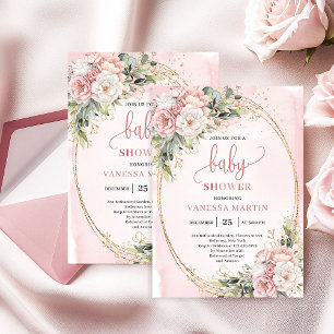 Convite Boho Rose Gold Floral Eucalipto Menina Chã de Bebê