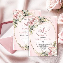 Convite Boho Rose Gold Floral Eucalyptus Girl Baby Shower 