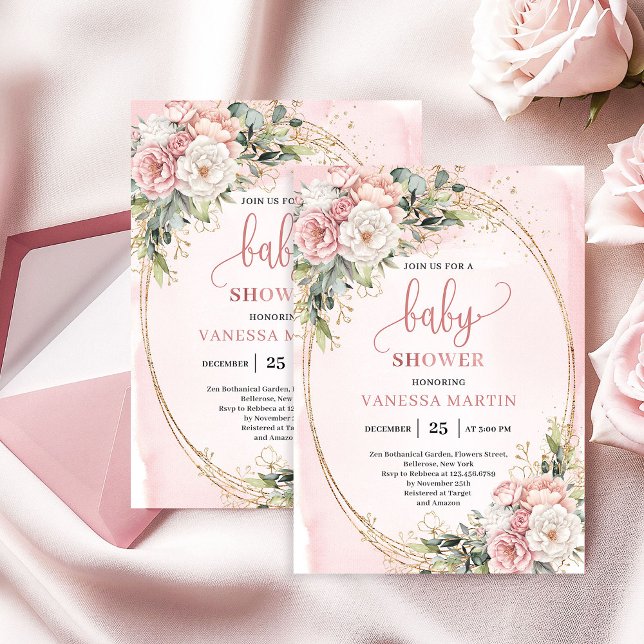 Convite Boho Rose Gold Floral Eucalyptus Girl Baby Shower  (Elegant Blush Pink Floral Eucalyptus Girl Baby Shower)