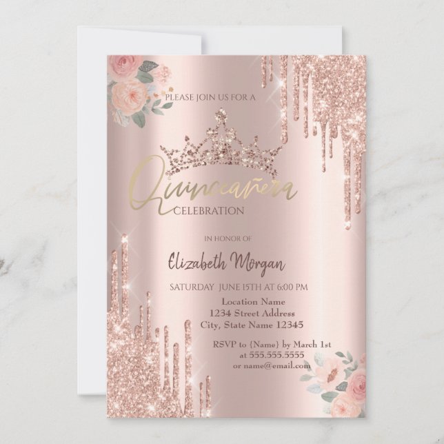 Convite Boho Roses  Coroa de Brilho Caindo Quinceañera  (Frente)