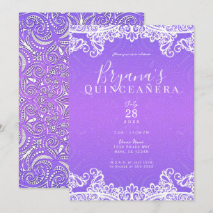 Convite Boho Roxo Rosa Branco Renda 15ª Festa de Quinceañe