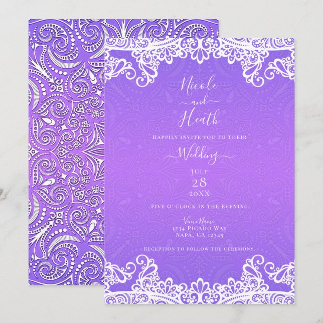Convite Boho Roxo Rosa Branco Renda Padrão Ousado Casament (Frente/Verso)