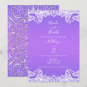 Convite Boho Roxo Rosa Branco Renda Padrão Ousado Casament